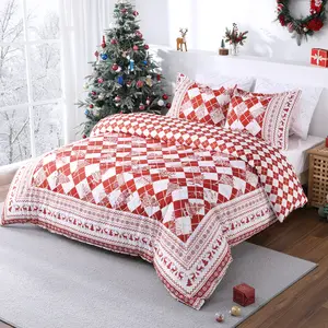 Christmas Duvet Cover Set King Size - Red Checkered Christmas Tree Printed Xmas Decorations Duvet Covers, Soft and Breathable Christmas Bedding Set
