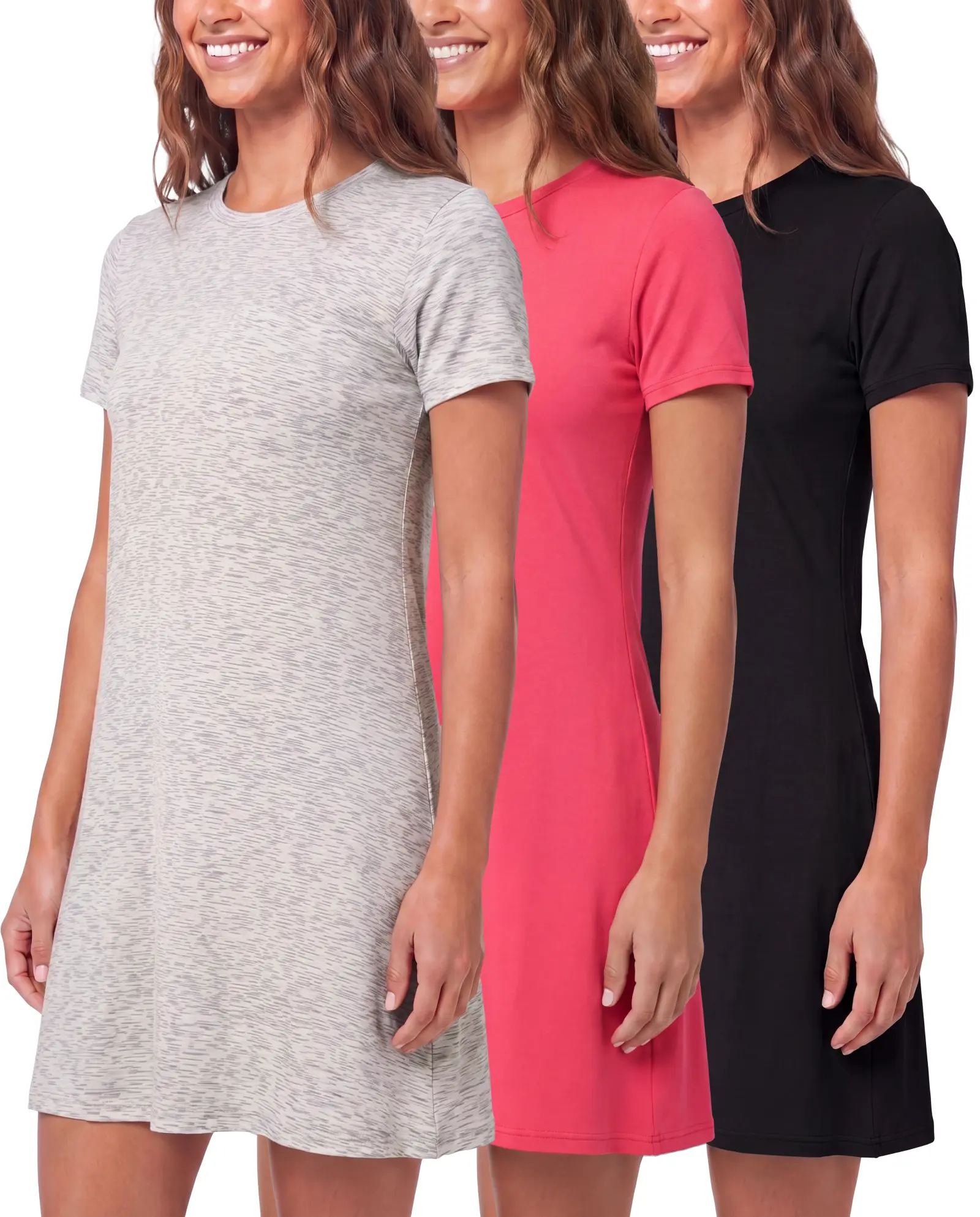 Real Essentials 3-Pack: Womens Soft Lounge Swing Casual T-Shirt Dress (Available in Plus Size)