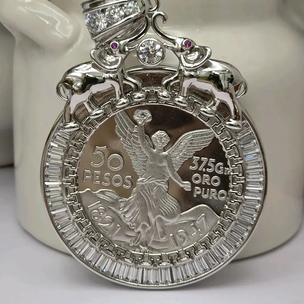 14k White Centenario Gold-Plated Pendant, Silver-Plated Fine Fashion Costume Jewelry Charm Accessory for Daily, Evening, Everyday, Casual, Simple Wear (Pendant Only)