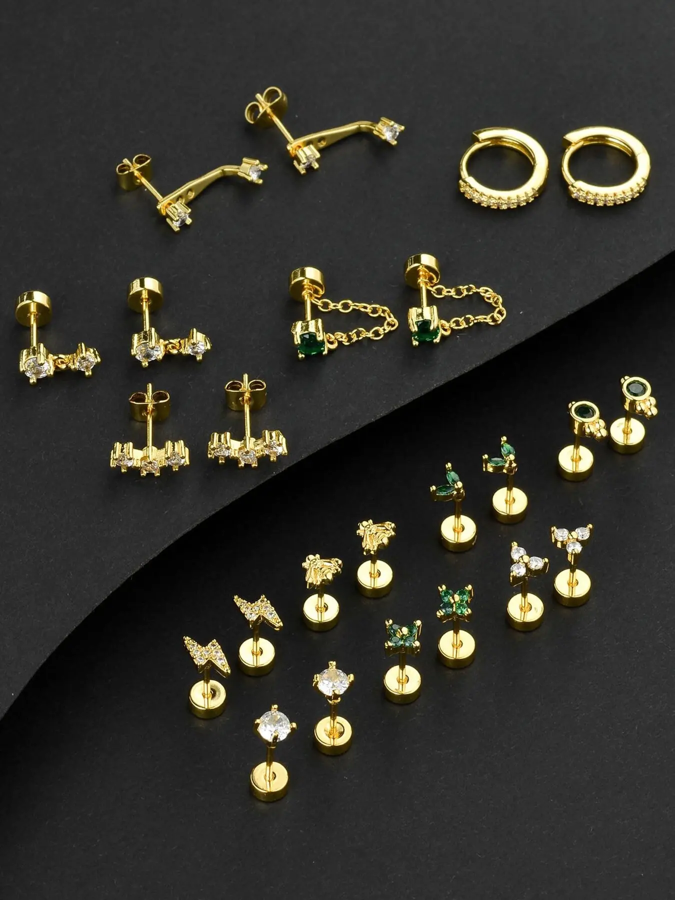 12 Pairs Flat Back Stud Earrings 20G18K Gold Plated Stainless Steel Earring Emerald Green CZ Lightning Bee Flower Chain Flatback Stud Hoop Cartilage Helix Earrings Stacks Stackable Earrings for Women Men Gold Silver Tone Ear Studs Earrings Jewelry