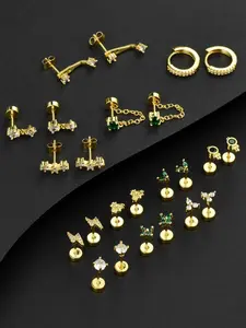 12 Pairs Flat Back Stud Earrings 20G18K Gold Plated Stainless Steel Earring Emerald Green CZ Lightning Bee Flower Chain Flatback Stud Hoop Cartilage Helix Earrings Stacks for Women Men Gold Silver Tone