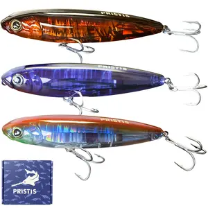 Pristis 3pcs Float Pencil Poppers, Topwater Fishing Lures for Saltwater & Freshwater, Floating Bait with Delicate Coating, Stick Plopper Hooks, Long Cast Walkers for Tuna Perch Striped Bass Trout