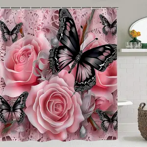 Creative Romantic Floral Insect Style Rose Shower Curtain Set, 180x180cm, Includes Hooks and Mat, Home Bathroom Decor Gift