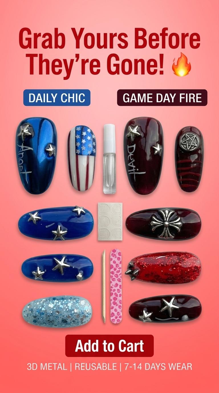 USA 250th & World Cup Dual Theme Press On Nails, Red Blue Star Stripes Fake Nails, Devil Angel Style Sporty Nails for Football Fans