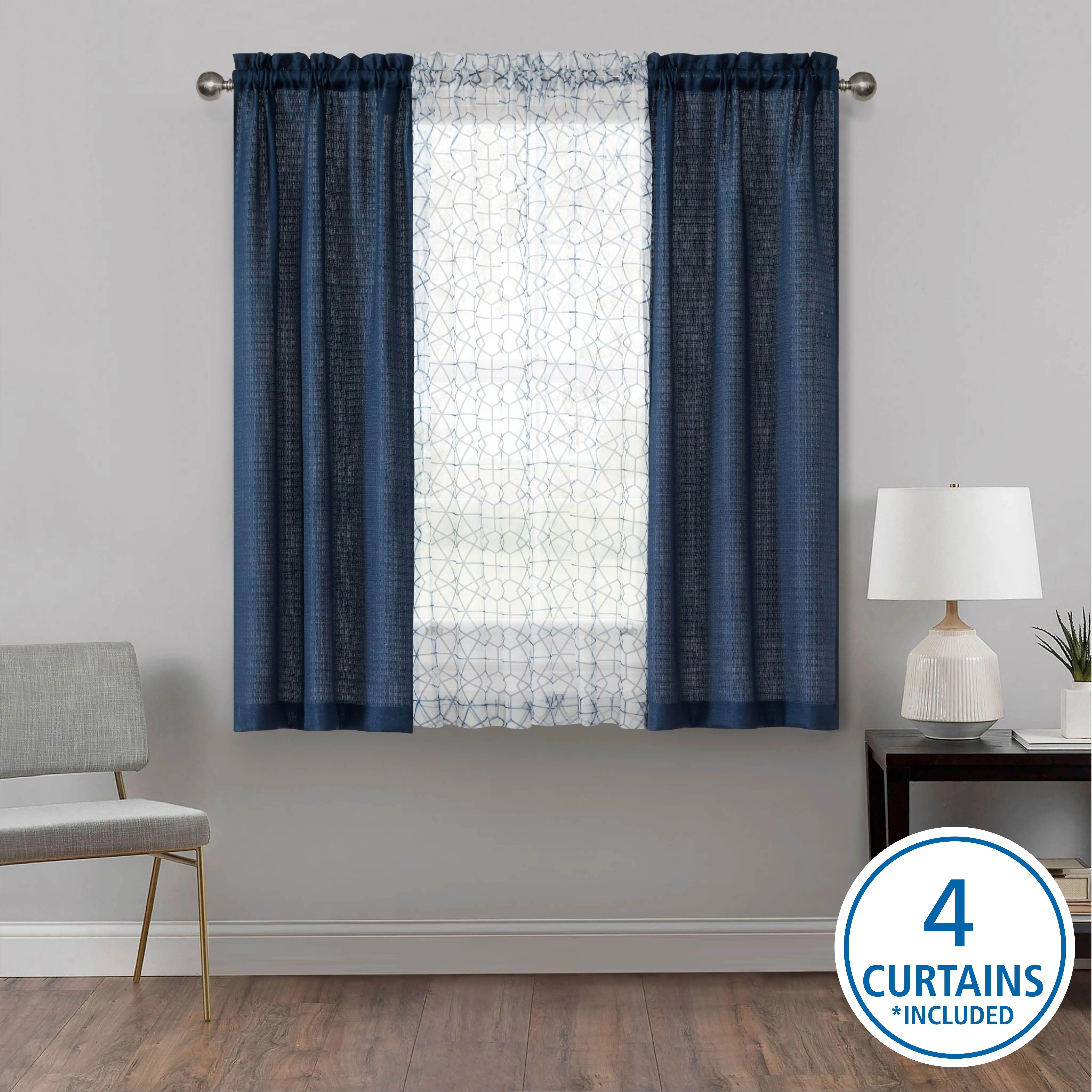 (2 pack) Mainstays Curtain and Sheers Set, 4 Panels, Blue Moon, 27.5" W x 63” L