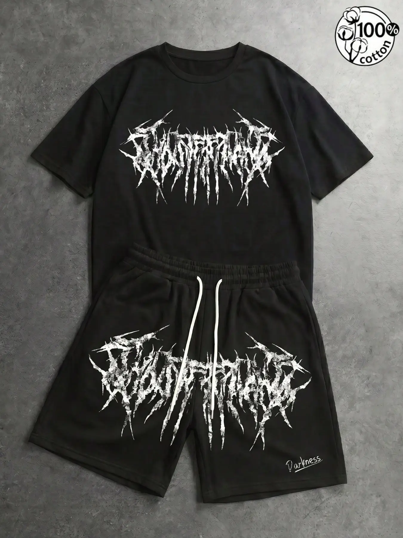 Unisex 100% Cotton Black Classic 2-Piece Matching T-Shirt & Shorts Set | Death Metal Font Graphic Print Dark Alt Gothic Streetwear Casual Outfit