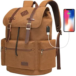 Modoker Mens Canvas Vintage Backpack for Men,Women, Fashion Travel Laptop Backpack Fits 17/15.6 Inch Computer & Tablet, Large Bookbag Rucksack Backpack with USB Charging Port