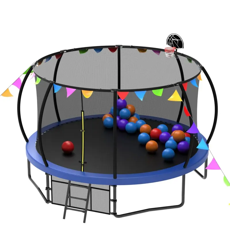 MERSCOSPORTS Sturdy Round Shaped Trampoline - 14ft Multi-Size Outdoor Exercise Equipment for Kids, Galvanized Steel Frame, High-Strength Mat, Safety Enclosure, 80 Large Springs, Curved Poles, Basketball Hoop, 12-Month Warranty (12ft/16ft Available)