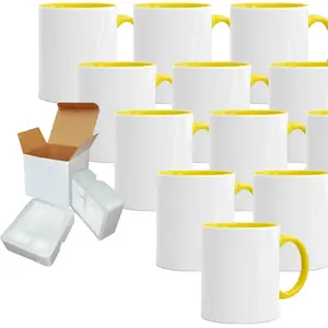 Pack of 12 11oz Yellow Inside & Handle Sublimation Mugs - Includes Foam Support Mug Shipping Boxes