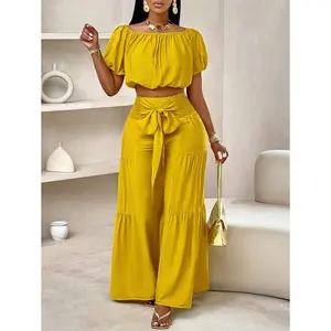 Women's Solid Color Top & Wide LegPants Set, Casual Off Shoulder Top &PalaZzo Pants for Summer, LadiesClothes for Beach Holiday Vacation Suits Womenswear Fitted Shortsleeve Basic Minimalist Yellow