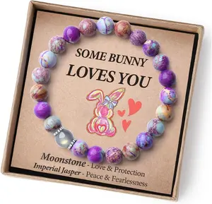 Easter Basket Stuffers - Handmade Crystal Bracelet with Cute Bunny Card-Elastic Design for Girls/Boys/Adults