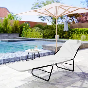 Folding Chaise Lounge Chair Pool Sun Tanning Chair Outdoor Lounge with Reclining Back Breathable Mesh Seat Headrest for Beach Yard Patio Cream White Adjustable Backrest Portable Versatile