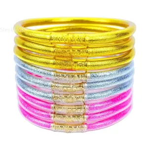 Women's 9-Piece SleekHush Glitter & Jelly Bracelet Set - Gold-Filled Silicone Layered Sparkling Bangles with Stamped Bull Ring, Fashion for Women, Daily Layered Look, Lightweight Fit, Multi-Colors Leisure Wear Bracelets,summervibes