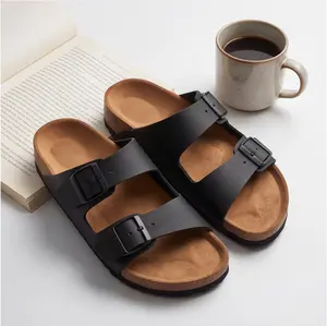 SHOESLOCKER Women's Cork Footbed Slides - Double Buckle Slip-On with Cloud Cushion & Arch Support for Summer Footwear Versatile Sandal for Beach & Casual Wear Girl Flat Knee Nail Design