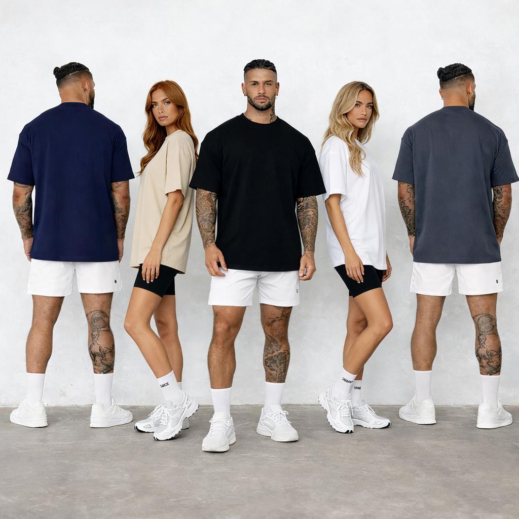 5-pack unisex short-sleeve T-shirts, American basic style, heavyweight high GSM, oversized casual athletic design; versatile tops available in multiple colors; a multi-piece set—versatile and suitable for various occasions, ideal for summer wear and a war