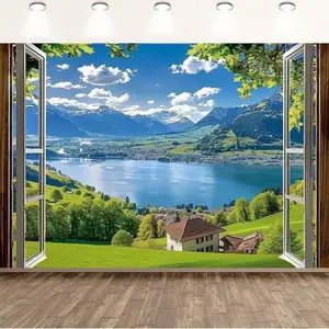 2D Flat, 1pc 2D Flat Banner, Realistic 3D Spring Forest Scenery Wall Sticker - Lakeside Fields and Majestic Mountains, Self-Adhesive. Backdrop Suitable for Weddings, Birthdays, Graduations, and