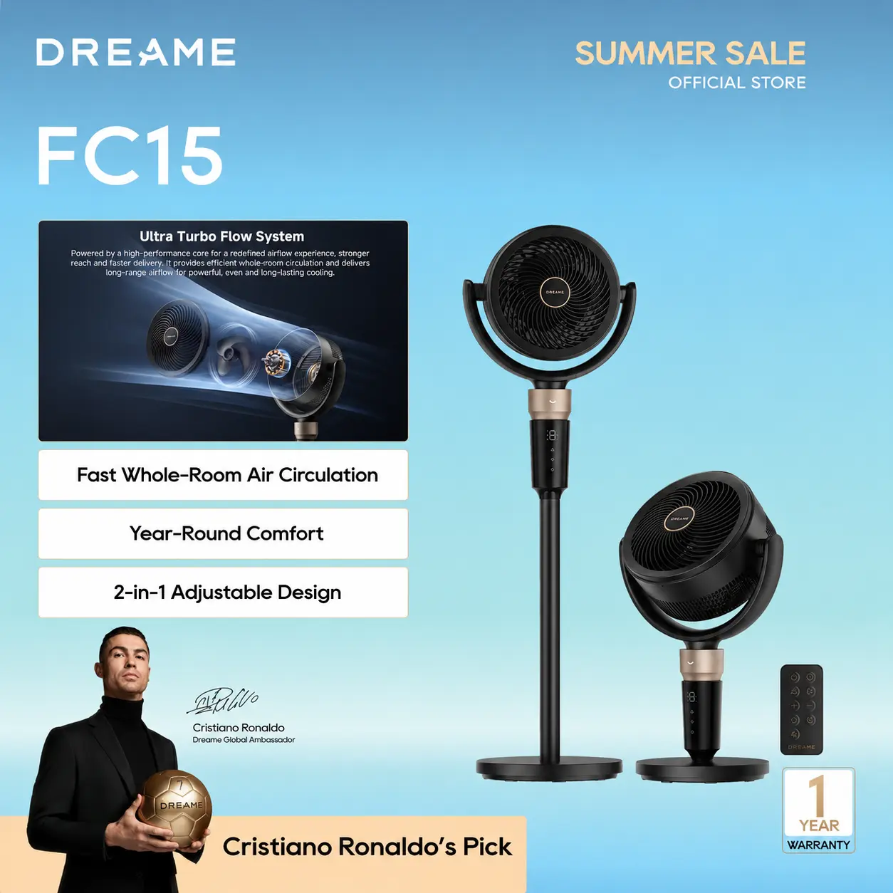 DREAME FC15 Pedestal Air Circulator Cooling Fan for Bedroom, Black - Oscillating Standing Fan with Ultra Turbo Flow, 9 Speeds, 3 Modes, Height-Adjustable Design, Washable Pre-Filter, LED Screen, Timer,back to school,back to school haul