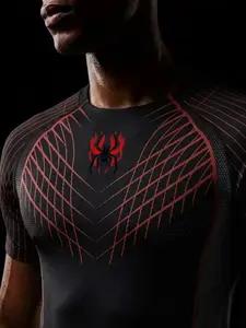 Spider-Man Men's Fitness Short Sleeve Tight Sport T-Shirt, Trendy Line Mesh Patch, High Elasticity Breathable Quick-Dry Fabric, Workout Sportswear, Workout Activewear