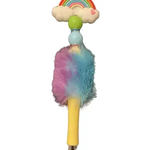 Beaded Rainbow Fluffy Pen with Pastel Colors and Soft Plush Handle for Fun Writing