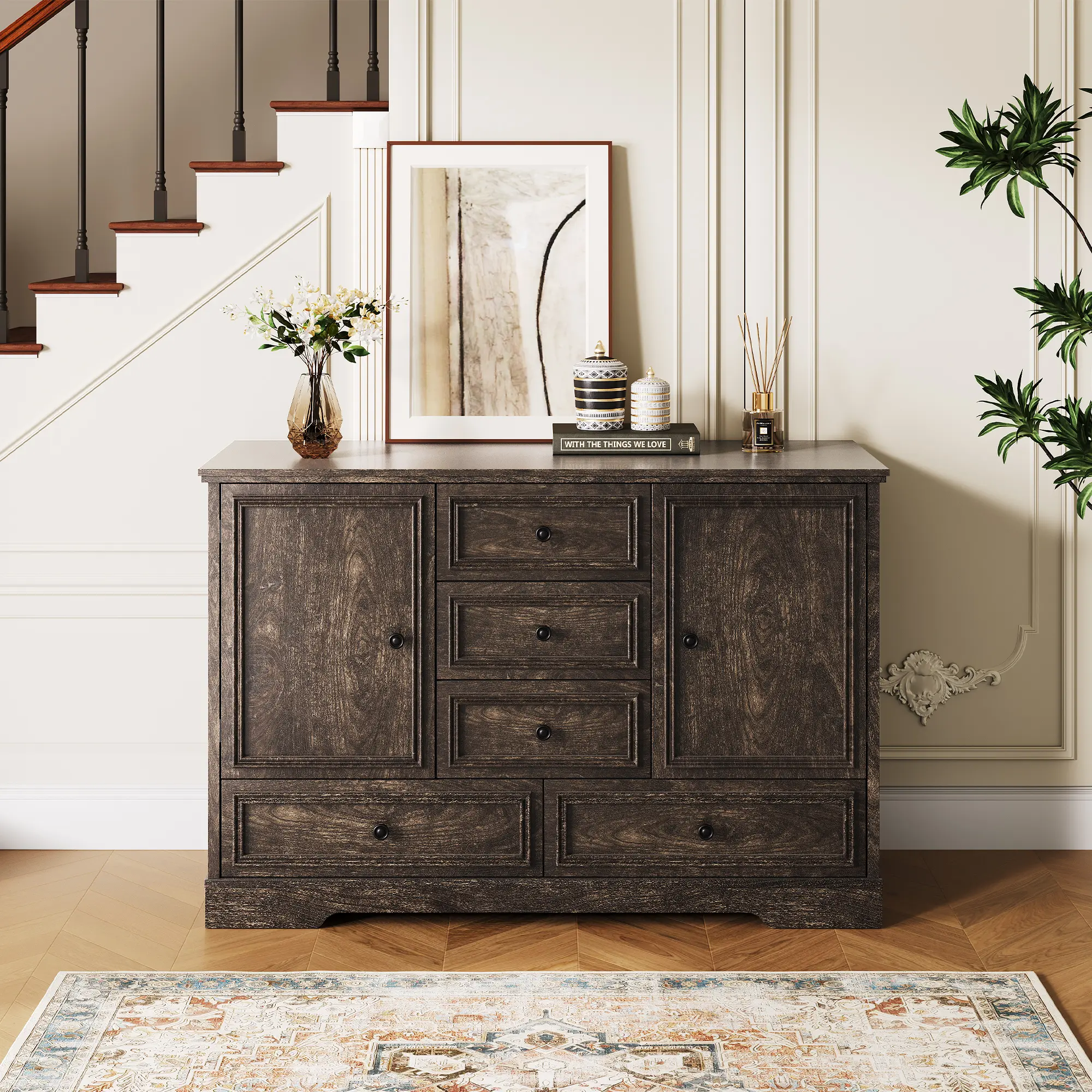 Rustic Storage Sideboard with Drawers and Doors, Vintage Wooden Buffet Cabinet, Multi-Purpose Accent Console for Home