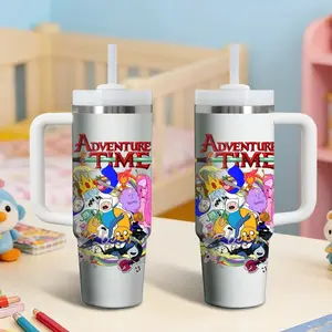 Cartoon A-Adventure Time Vacuum Flasks 40oz Stainless Steel Vacuum Insulated Tumbler with Handle and Straw - Leak Resistant Travel Coffee Mug - Keeps Cold for 24 Hours - Cupholder Friendly Water Cup for Gym and Office