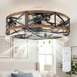 Farmhouse Flush Mount Caged Ceiling Fan – 6 Speeds, Remote, Low Profile, Bladeless Design for Kitchen Bedroom