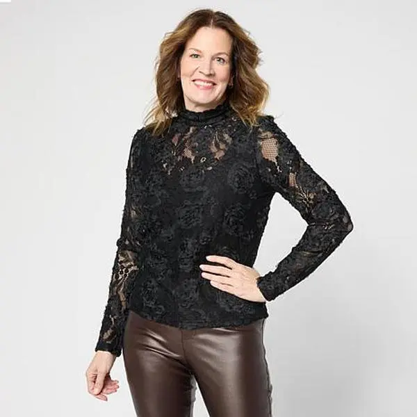 C. Wonder  C Wonder Chiffon Lace Top with 3D Floral Appliqué