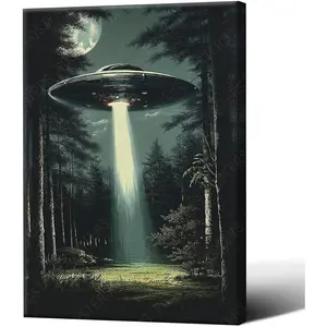 Vintage UFO Forest Night Canvas Wall Art, Retro Alien Flying Saucer Beam Print, Sci‑Fi Mysterious Space Home Decor Unframed Canvas Poster or Framed Canvas Wrap