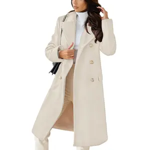 Ebossy Women's Basic Minimalist Chic White Winter Jacket Fitted Double-Breasted Wool Blend Warm Long Trench Coat Outerwear with Gold Buttons and 2 Hand Pockets for Elegant Office Wear Womenswear Tops