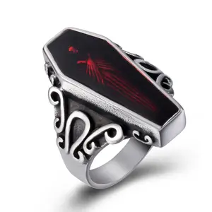 Vintage Gothic Vampire Coffin Ring for Men Red Enamel Casket Stainless Steel Punk Rock Goth Skull Rings Size 8 to 13