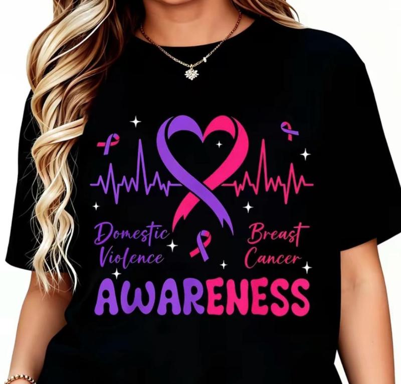 Womens Awareness T Shirt Domestic Violence Breast Cancer Ribbon Heart Graphic Oversized Short Sleeve Crew Neck Casual Support Tee