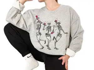 Gildan Women's Classic Round Neck Long-Sleeve Cotton Sweatshirt - Fitted Relaxed Bottom, Funny Dancing Skeletons, Spooky Halloween Theme, Soft Fabric, Streetwear Casual Tops, Ideal for Parties, Birthday Gifting
