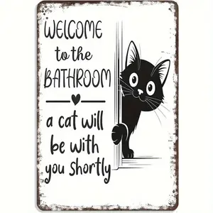 Vintage Metal Sign Featuring Welcome to the Bathroom Cats Are Coming Soon Black Cat Peeking Door Design Perfect for Home Office Wall Decor No Wiring Needed Pet Lover Gift Durable and Stylish Home Decoration