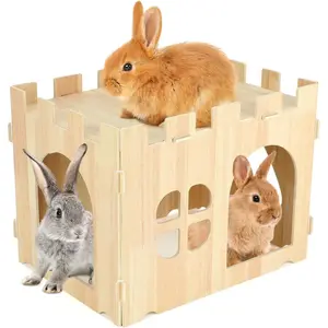 Large Wooden Rabbit House and Hideouts Bunny Castle Detachable Small Animal Play Hideaway Rabbit Hideout Cage Accessories for Indoor Adult Rabbit Guinea Pig Chinchilla Habitat new pet cage new  pet  cage