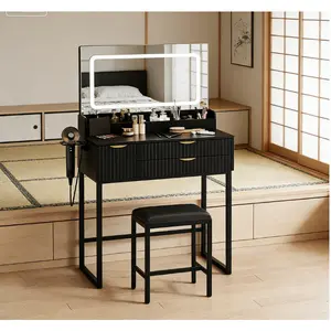 31.5" LED Vanity Desk with Mirror and Lights, Modern Makeup Table with 3 Color Lighting Modes, Built-in Power Outlet and 3 Storage Drawers for Bedroom