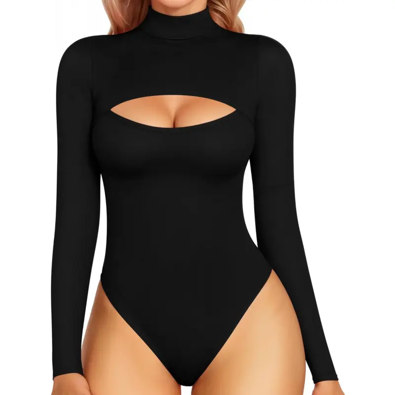 Women's Deep Green Fleece Lined Bodysuit - Mock Neck, Cutout Front, Long Sleeve or Sleeveless, Sexy Tops for Casual & Evening Wear