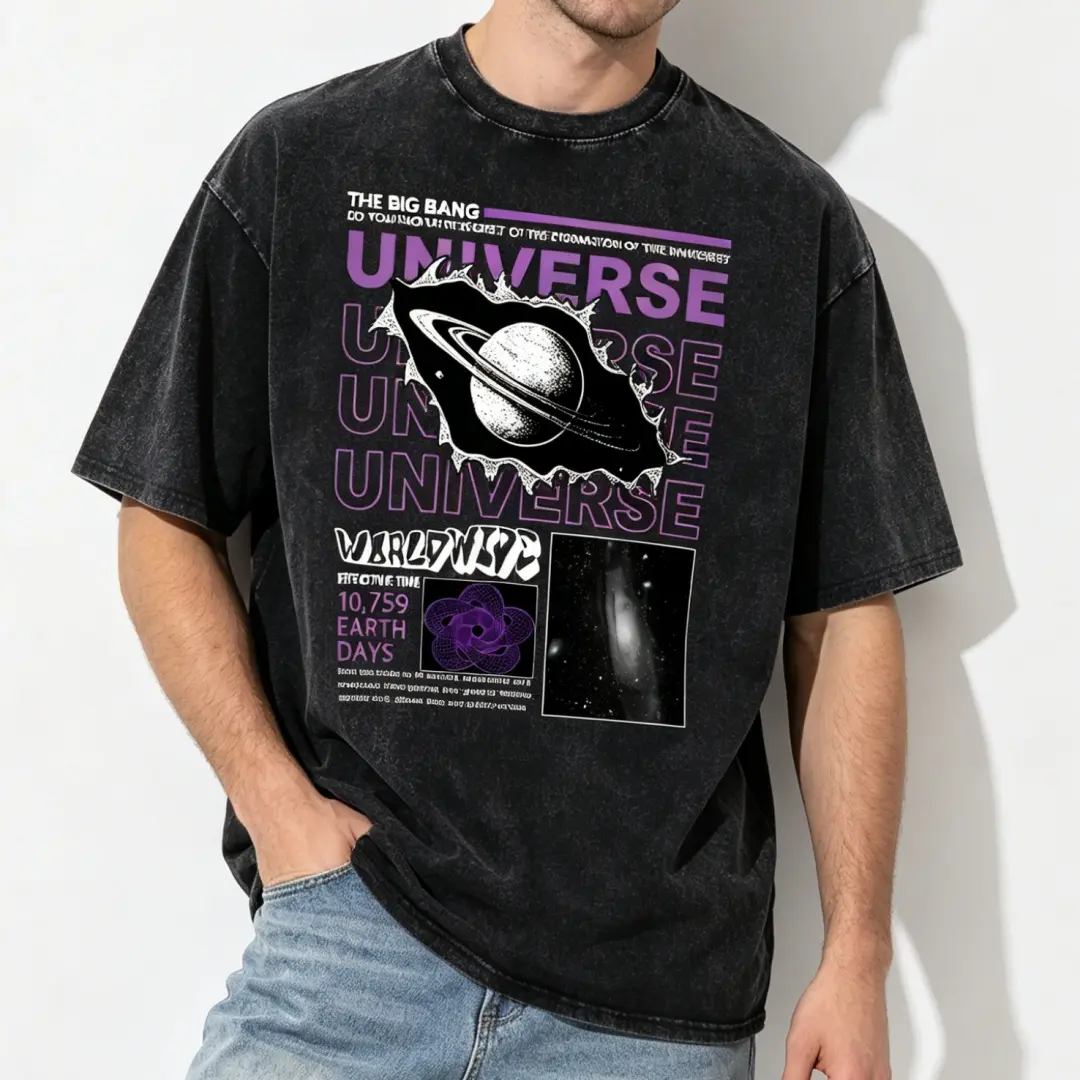 Unisex Heavyweight Cotton Oversized Fit Acid Wash Graphic Tee Purple Black Acid Universe Saturn Galaxy Collage Big Bang Space Typography Print Vintage Black Crew Neck Dark Street Soft Retro Casual Daily Top