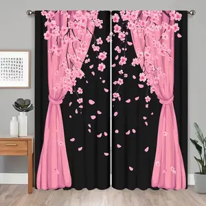 2pcs Black background with pink cherry blossom pattern Digital Print Curtains, Semi-Transparent Polyester, Fade Resistant, Hand Washable