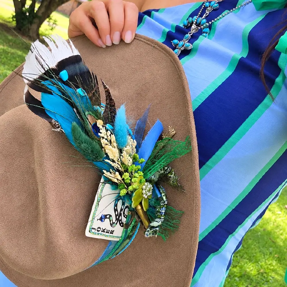 Custom Cowboy Hat - Distressed Brown with Teal Green Accents Joker Card Horseshoe Charm Shotgun Shell Florals Layered Feathers Handmade Western Style Hat