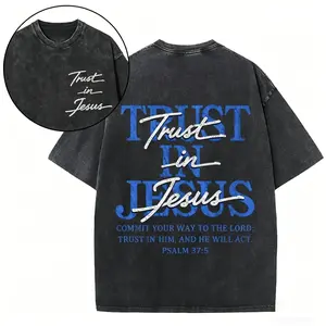 Christian Washed Oversized T-Shirt – Trust in Jesus Psalm 37:5 Vintage Graphic Tee, Jesus Christ Streetwear Casual Summer Shirt for Men & Women