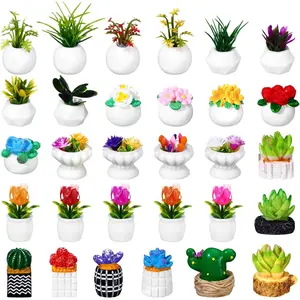 30 Pcs Miniature Potted Plants Dollhouse Accessories Mini Artificial Plant Flowers Tiny Greenery Cactus Figurines for Dollhouse Decoration Gift DIY Garden Bonsai Micro Landscape Decors