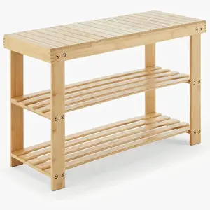 3-Tier Bamboo Shoe Rack Bench, 27.6" Length Entryway Storage Organizer with Seat, 286lb Capacity Natural Waterproof Finish, Shoes Stand for Bedroom Living Room Front Door Entrance