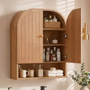 Giratree 29'' Arched Bathroom Wall Cabinet with Adjustable Shelves, Rustic Wood Medicine Cabinet with Double Doors & Open Storage Shelf, Farmhouse Bathroom Storage Organizer for Small Spaces