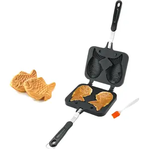 Taiyaki Fish Shape Cake Pan Waffle Cake Maker Fish-Shaped Pancake Double Pan Mold for Home Cooking with Silicone Oil Brush