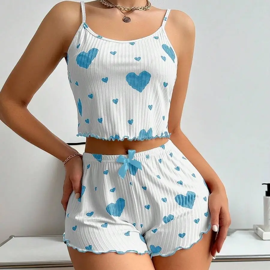 Women's Heart Print Ribbed Cami & Shorts Pajamas Set – Cute & Comfy Sleepwear, Stretchy Lounge Set, Machine Washable Womenswear