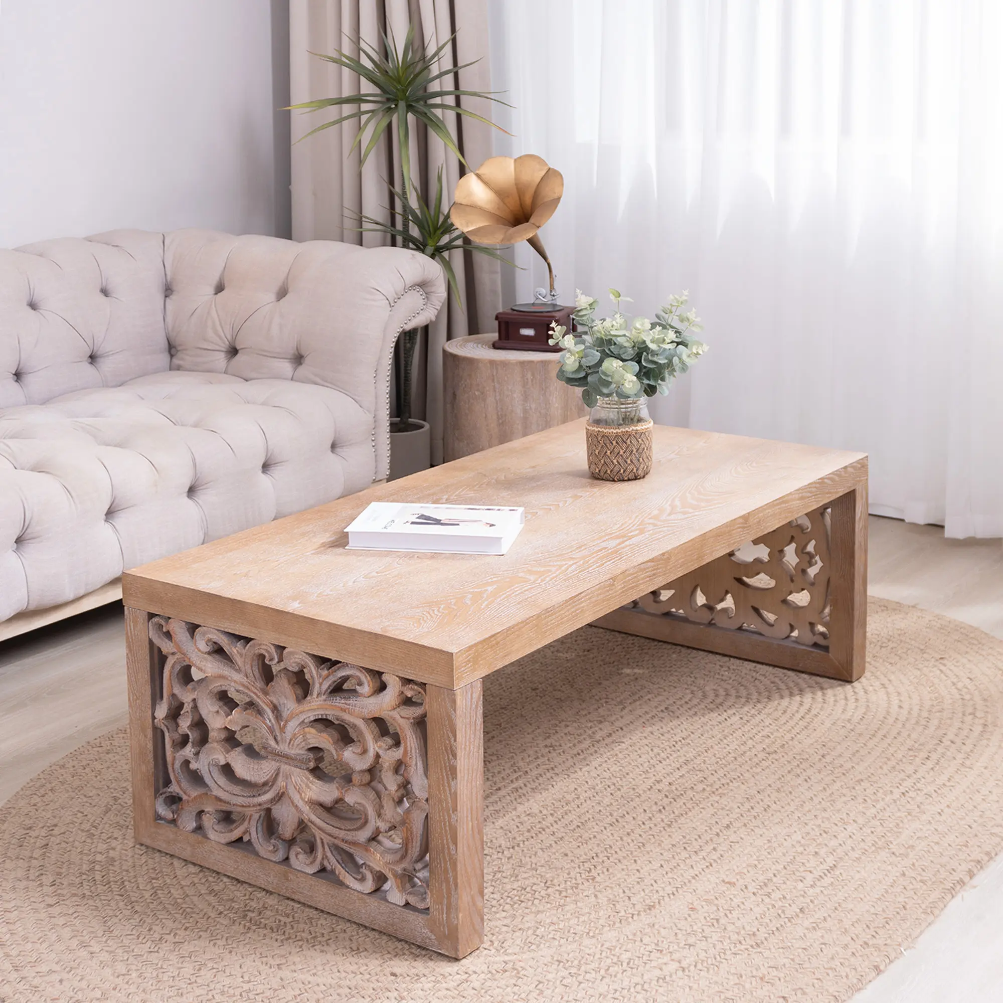 47.2" Rustic Carved Wood Coffee Table for Living Room, Handcrafted Look with Ornate Side Panels, Natural Finish, Solid Wood Center Table, Farmhouse Style Accent Furniture, Single Piece, Living Room Table for Sofa Side, Bedroom, Office