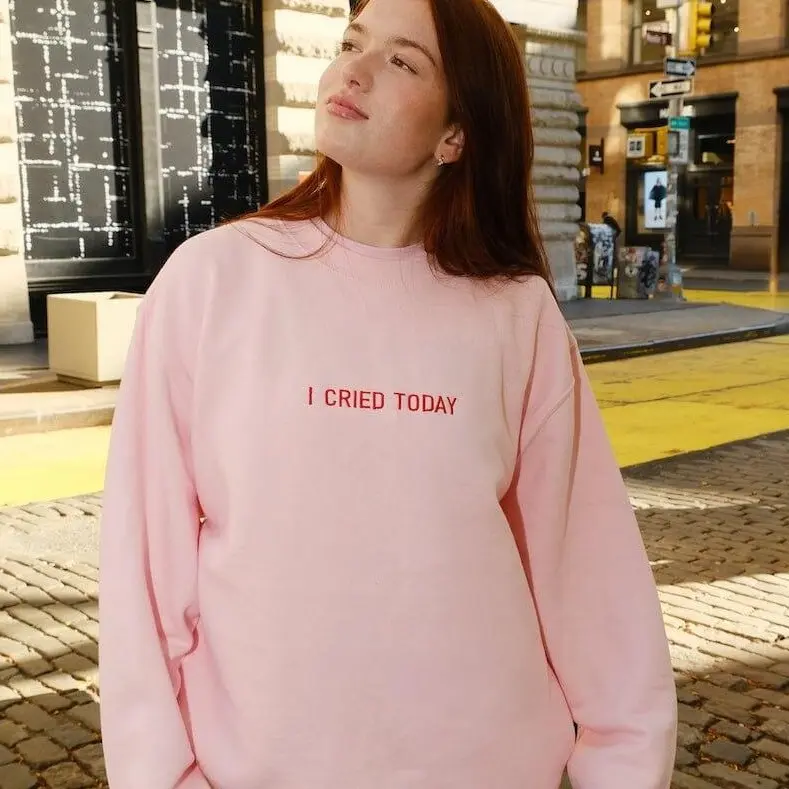 I Cried Today Embroidered Sweatshirt - Casual Long Sleeve Crew Neck Pullover for Women - Medium Length Baggy Sweater Nami Charity Donation