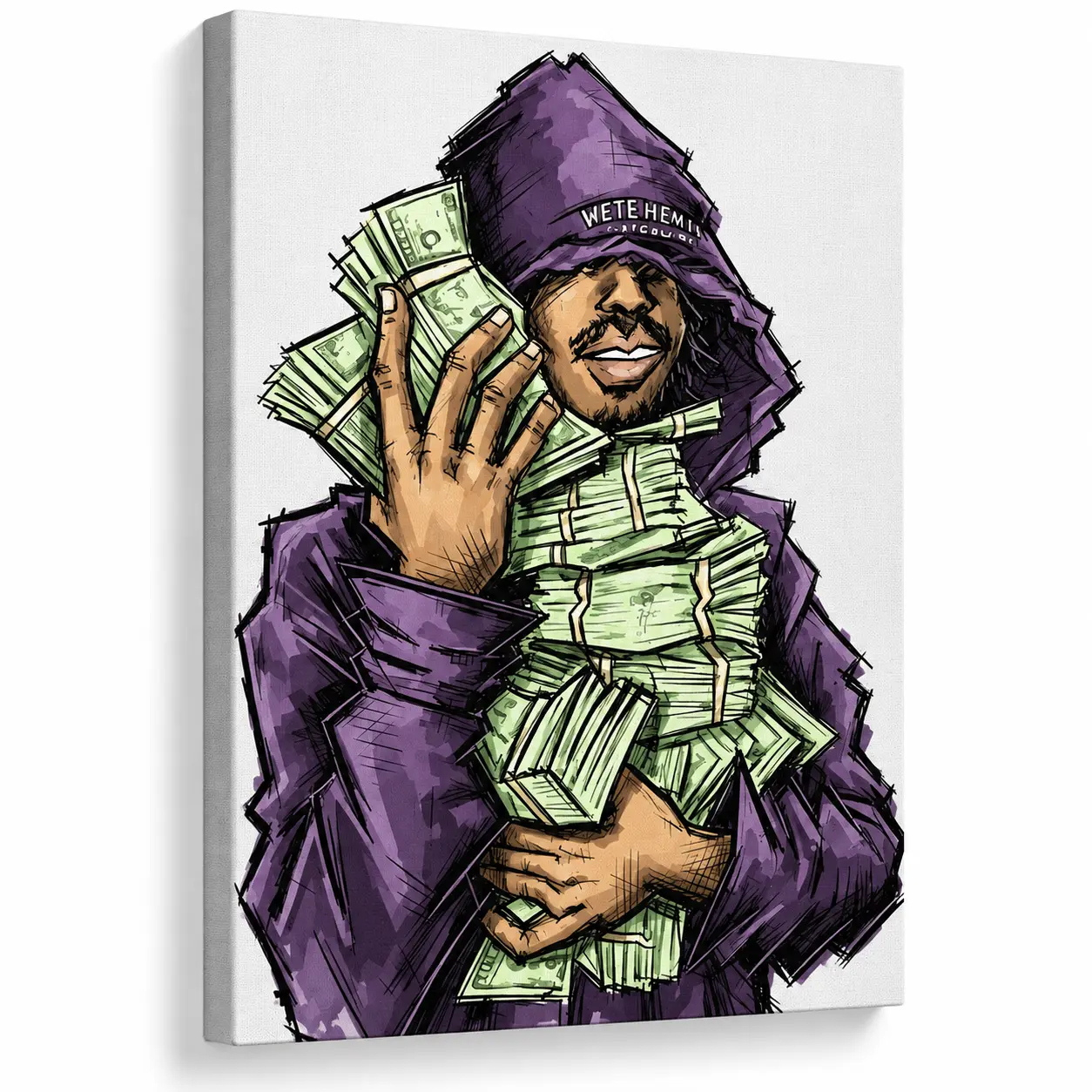 Money Canvas Wall Art, Hip Hop Street Art Decor, Purple Hoodie Cash Artwork for Man Cave, Bedroom, Game Room & Men's Room Decor poster prints