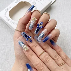 Beautiful Nail Collection - Elegant Blue & Gold Rhinestone Nail Art Set for Stylish Manicures