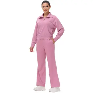 Women's 2 Piece Outfits Casual Long Sleeve Half Zip Sweatshirts And Wide Leg Sweatpants with Pockets Tracksuit Sets
